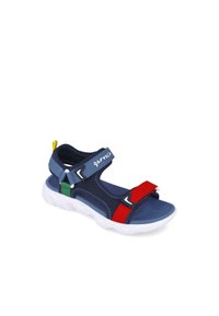 Sandalia azul y gris con correas rojas y verdes, material sintético, suela texturizada, cierres ajustables de Velcro y suela de goma blanca.