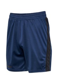 Marinblå träningstights med en texturerad yta, utrustade med en svart nätpanel på sidan och ett elastiskt midjeband för komfort.