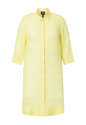 Lichtgele knielange jurk met knopen, driekwartmouwen en een klassieke kraag.
