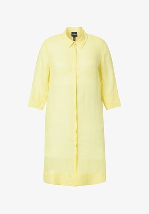 Lichtgele knielange jurk met knopen, driekwartmouwen en een klassieke kraag.