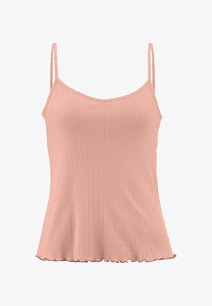 Camisola a coste di colore rosa chiaro con spalline sottili, scollatura ondulata e orlo svasato. Presenta un tessuto testurizzato con sottili motivi a diamante.