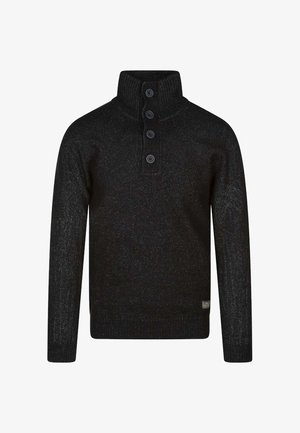 Pull-over en laine noire avec col haut, patte de boutonnage à quatre boutons et poignets côtelés. Texture douce avec des variations subtiles de couleur.