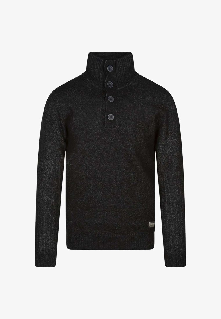 Pull-over en laine noire avec col haut, patte de boutonnage à quatre boutons et poignets côtelés. Texture douce avec des variations subtiles de couleur.