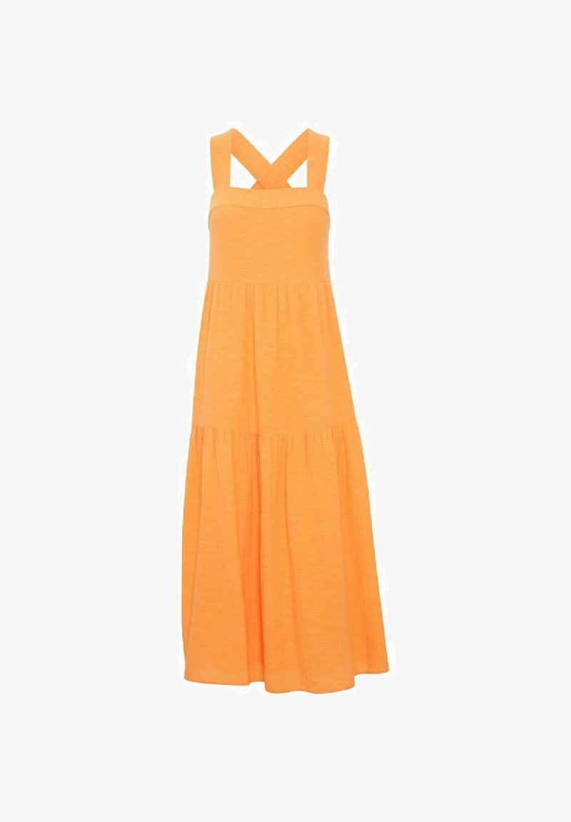 Abito lungo di un brillante arancione, realizzato in tessuto morbido. Presenta spalline incrociate e una gonna a strati, offrendo una vestibilità comoda e una lunghezza completa.
