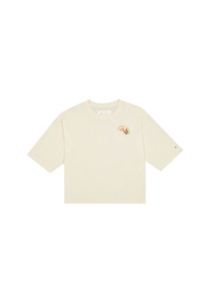 T-shirt beige à manches courtes en coton, arborant un motif coloré de papillon et de symbole de paix sur la poitrine gauche. Design classique à col rond.