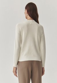 Cremefarbener Pullover mit geripptem Muster, mit hohem Kragen und überschnittenen Schultern. Getragen mit braunen Hosen, von hinten betrachtet.