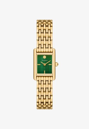 Reloj metálico dorado con una esfera rectangular de malaquita verde. Presenta una pulsera de eslabones y marcadores de horas simples para un diseño limpio.
