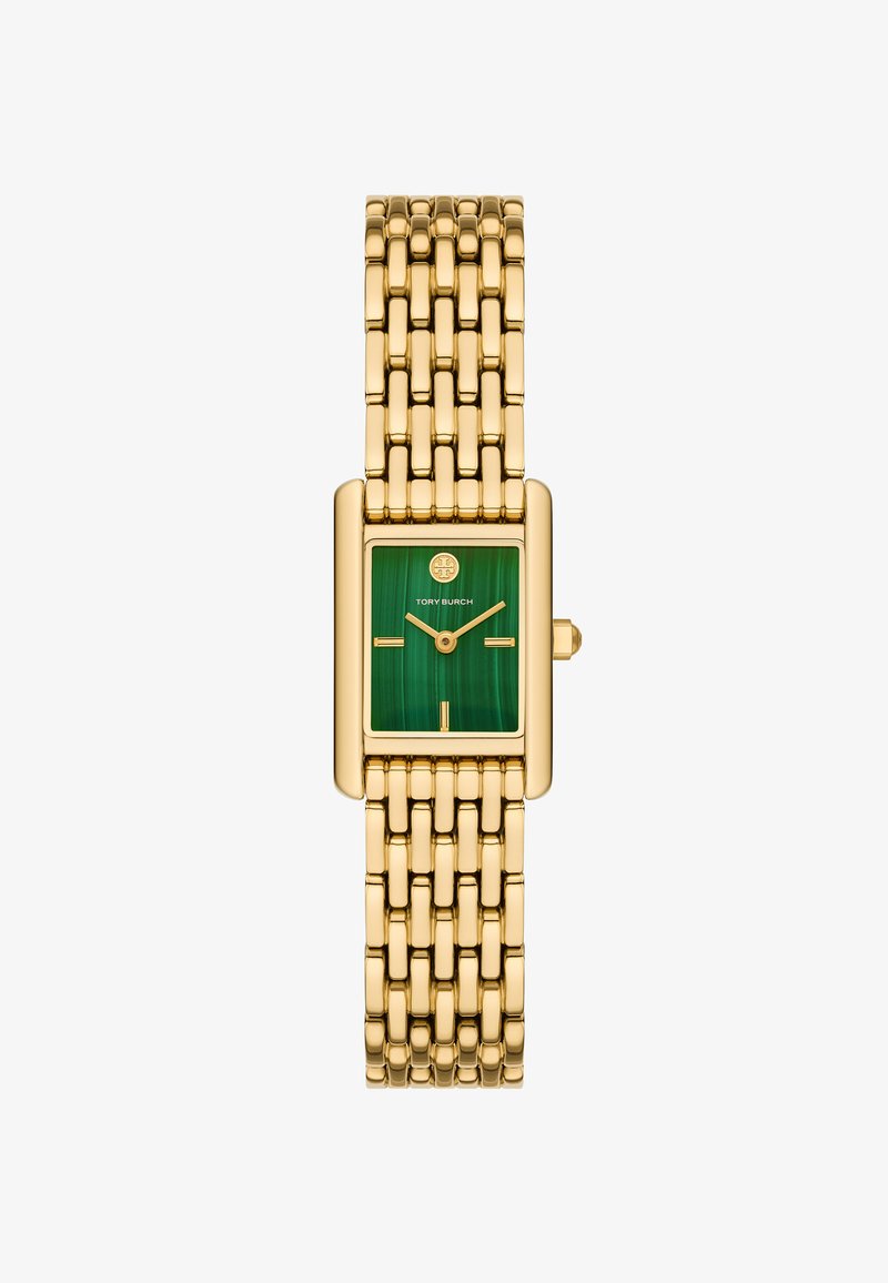 Orologio in metallo color oro con quadrante rettangolare in malachite verde. È dotato di un bracciale a maglie e indicatori delle ore semplici per un design pulito.