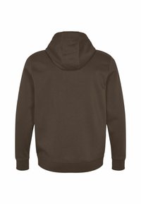 Sweat à capuche marron foncé uni vu de dos avec manches longues et poignets et bas côtelés.