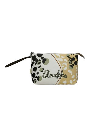 Piccola pochette rettangolare con cerniera e cinturino da polso, caratterizzata da macchie astratte nere e beige e testo "Anekke" sul davanti.