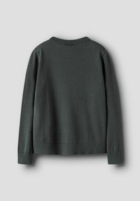 Tamnozeleni džemper s okruglim izrezom, rebrastim manšetama i rubom, glatke teksture i jednostavnim, ravnim stražnjim dizajnom.