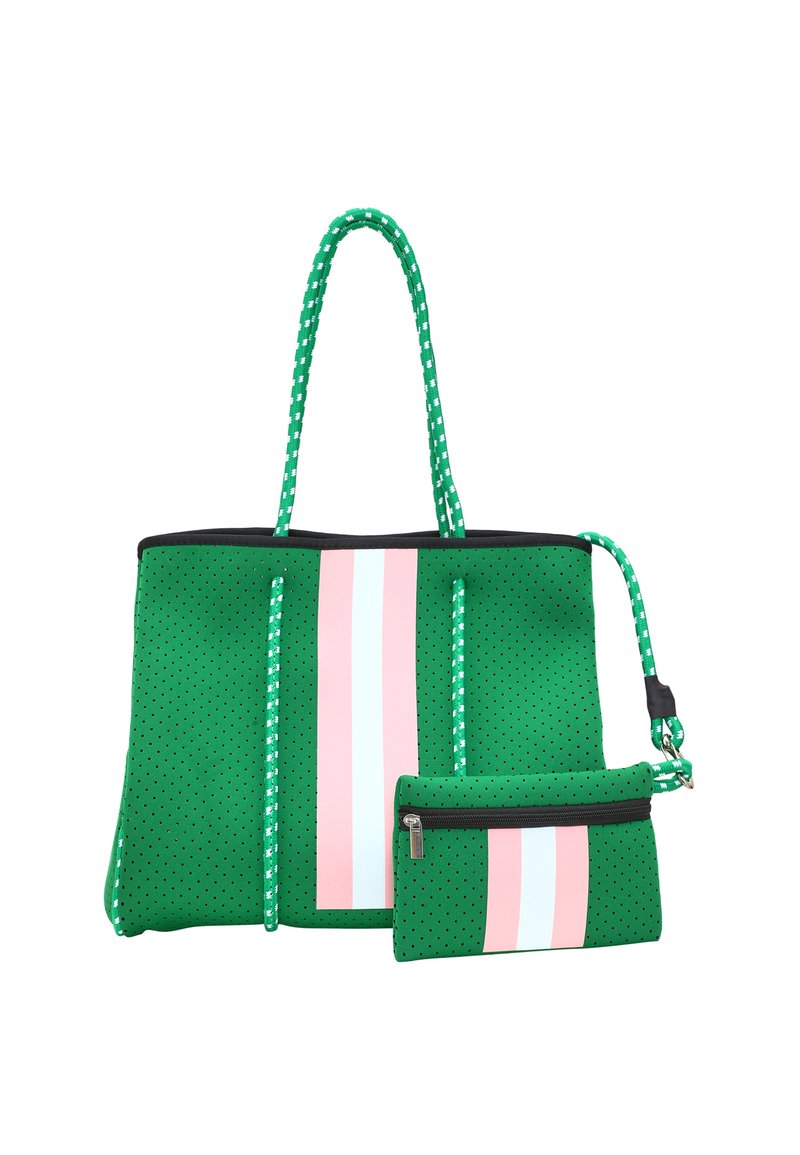 Borsa a rete verde con rifiniture nere, caratterizzata da strisce verticali bianche e rosa; include una piccola pochette con zip coordinata con le strisce.