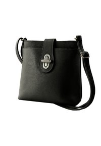 Schwarze Lederhandtasche mit strukturierter Oberfläche, ausgestattet mit einem oberen Klappenverschluss und silberfarbenen Hardwareelementen. Verstellbarer Schultergurt im Lieferumfang enthalten.