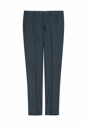 Męskie dopasowane spodnie w ciemnoszarym kolorze. Posiadają płaski przód, dwie boczne kieszenie, jeden guzik z przodu oraz proste nogawki.