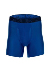Blaue Boxershorts mit einem schwarzen Bund, auf dem das Wort "UNDERARMOUR" in fetten Buchstaben steht. Hergestellt aus glattem, dehnbarem Material mit einer figurnahen Passform.