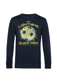 Marineblauer Langarm-Sweatshirt mit einem Grafik eines Fußballs, umgeben von gelben Blitzschlägen, mit dem Text "Lightning Quick Pro".