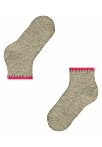 Kurze Knöchelsocken aus einem strukturierten, hellgrünen Material mit einem rosa gerippten Bund oben. Das Muster ist einfarbig und dezent.