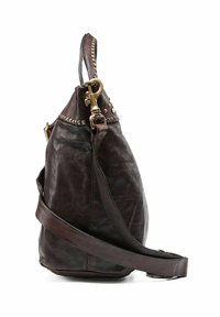 Borsa a spalla in pelle marrone scuro con hardware in ottone, dettagli a borchie lungo il bordo superiore e una tracolla regolabile su sfondo bianco.