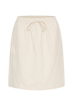 Ljusbeige knälång kjol i strukturerad tyg, med elastiskt midjeband och snörning för justering.