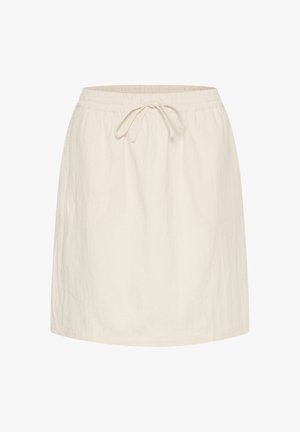 Fustă bej deschis, până la genunchi, dintr-un material texturat, având un tiv elastic cu șnur pentru ajustare.