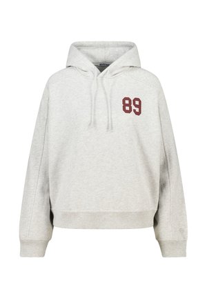 Light gray hooded sweatshirt with a kangaroo pocket, ribbed cuffs, and a maroon "89" print on the left chest. Soft fabric texture.