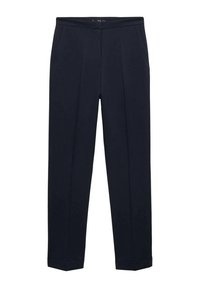 Pantalon sur mesure bleu marine avec coupe droite, pli devant, ceinture, poches latérales et ourlets revers.