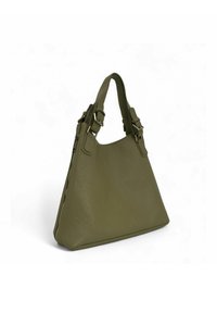 Sac à main en cuir vert olive avec une forme structurée, des poignées supérieures et des boucles décoratives. Surface texturée avec un détail de fermeture éclair.