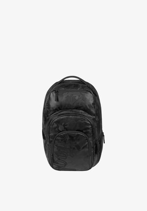 Sac à dos camouflage noir avec plusieurs compartiments zippés et une poignée supérieure, conçu pour une utilisation quotidienne ou scolaire.