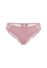 Pink panties with lace trim, featuring a soft texture and mid-rise design. Elastic waistband and floral lace accents on sides. Size S.