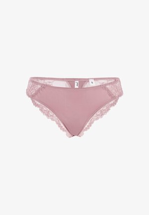 Rosa Unterhose mit Spitzeneinsatz, aus weichem Material und mit mittelhohem Schnitt. Elastischer Bund und florale Spitzenakzente an den Seiten. Größe S.