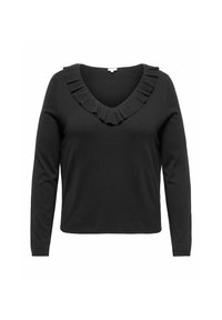 Crna dug sleeves pulover s V-izrezom koji ima volan trim uz ovratnik.