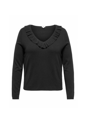 Černý svetr s dlouhým rukávem a výstřihem do V, který má volánkový lem na límci.