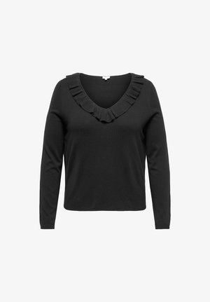 Svart långärmad tröja med V-hals som har en volangkant längs kragen.