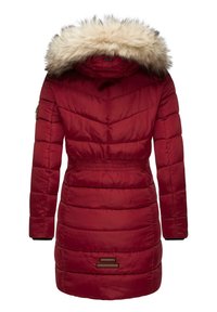 Red padded winter coat with a faux fur hood, cinched waist, long sleeves, and horizontal seams. Features a logo patch on the left sleeve.