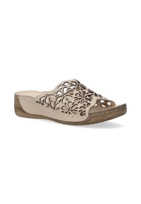 Beige instapsandalen met een bloemen uitsnijdingen ontwerp, een gestructureerde houten zool en gestikte accenten op de randen. Open teen en hiel ontwerp.