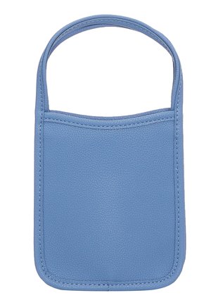 Borsa a tasca in pelle blu chiaro con superficie testurizzata, bordo superiore arrotondato e manico singolo per un facile trasporto.