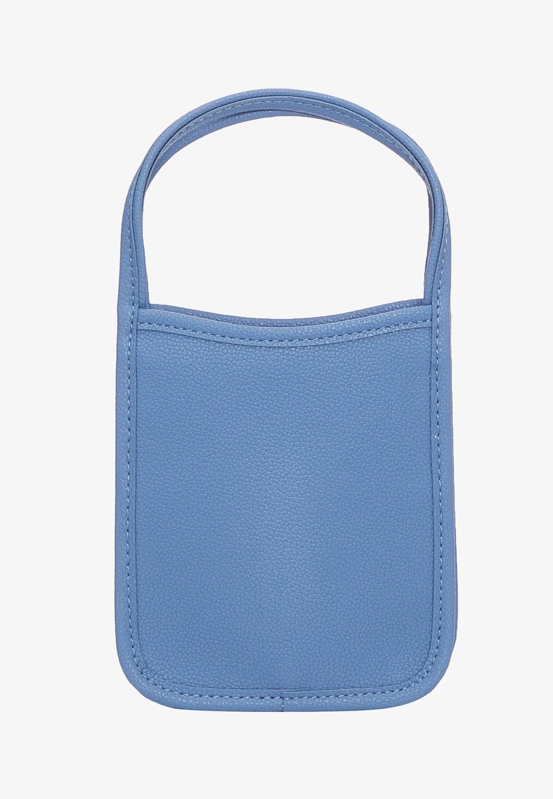 Lysblå læder lomme taske med en tekstureret overflade, en rundet topkant og et enkelt håndtag for nem transport.