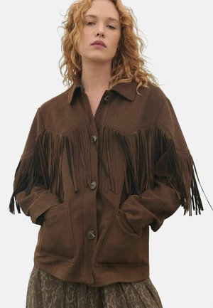 Brown suede jacket featuring front pockets, button closures, and fringe detailing along the sleeves and shoulders.