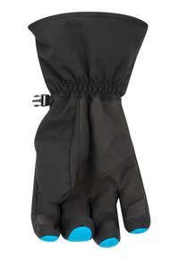 Černé rukavice s tělem ze strečové látky, koženými prvky a modrými špičkami na prstech. Obsahují elastický manžet a nastavitelný pásek.