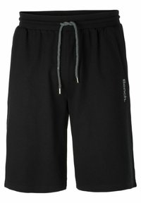 Zwarte katoenen shorts met een elastische tailleband, grijze trekkoord en zilveren hardware. Voorzien van een in het grijs gedrukt "Bench" logo.