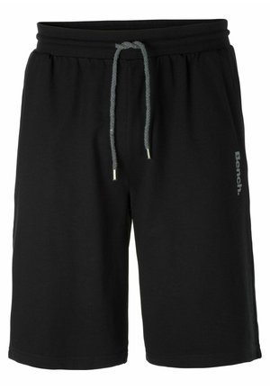 Schwarze Baumwollshorts mit elastischem Bund, grauem Kordelzug und silbernem Zubehör. Mit einem in Grau gedruckten "Bench"-Logo.