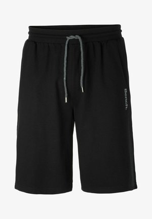 Black cotton shorts with an elastic waistband, gray drawstring, and silver hardware. Features a "Bench" logo printed in gray.
