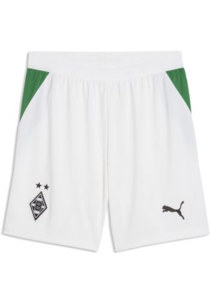 Weiße Sportshorts mit grünen Seiteneinsätzen, Borussia Mönchengladbach Fußballvereinslogo links und schwarzes Puma-Logo am rechten Bein.