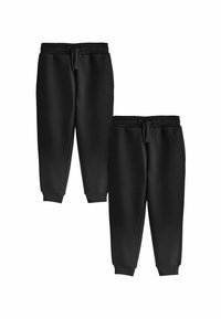 Zwarte joggingsbroek van gladde stof, met een elastische tailleband met trekkoord, geribbelde boorden en zijzakken. Eenvoudig ontwerp.