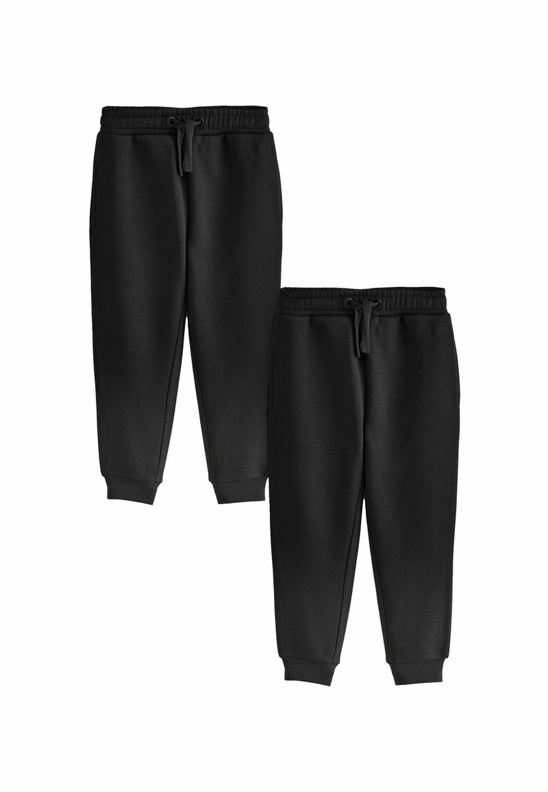 Zwarte joggingsbroek van gladde stof, met een elastische tailleband met trekkoord, geribbelde boorden en zijzakken. Eenvoudig ontwerp.