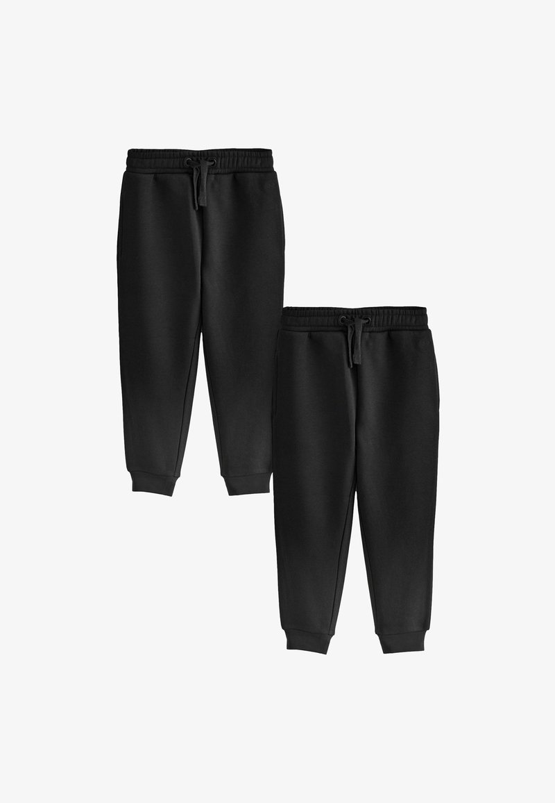 Zwarte joggingsbroek van gladde stof, met een elastische tailleband met trekkoord, geribbelde boorden en zijzakken. Eenvoudig ontwerp.