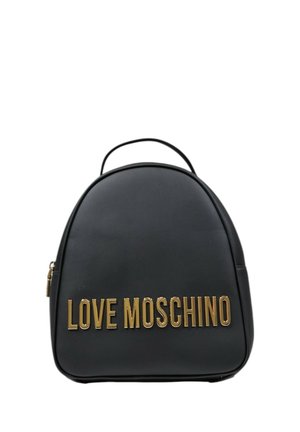 Zaino in ecopelle nera a forma rotonda, con stampa dorata "LOVE MOSCHINO" sul davanti e una maniglia superiore per il trasporto.
