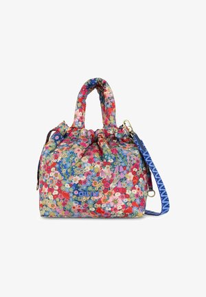 Borsa a mano con motivo floreale colorato e manici imbottiti, tracolla rimovibile con motivo blu e logo "OILILY" sul davanti.
