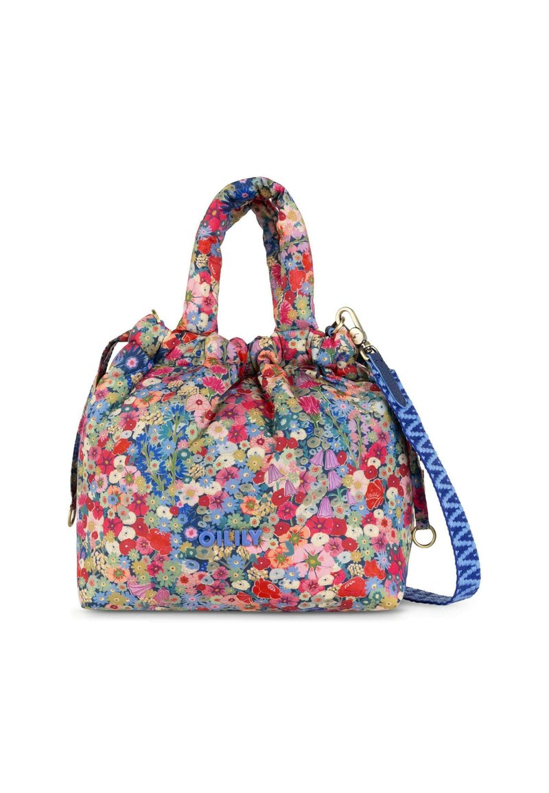Kleurrijke handtas met bloemenpatroon, met gevoerde handvatten, een blauwe afneembare schouderband met patroon en het "OILILY" logo aan de voorkant.