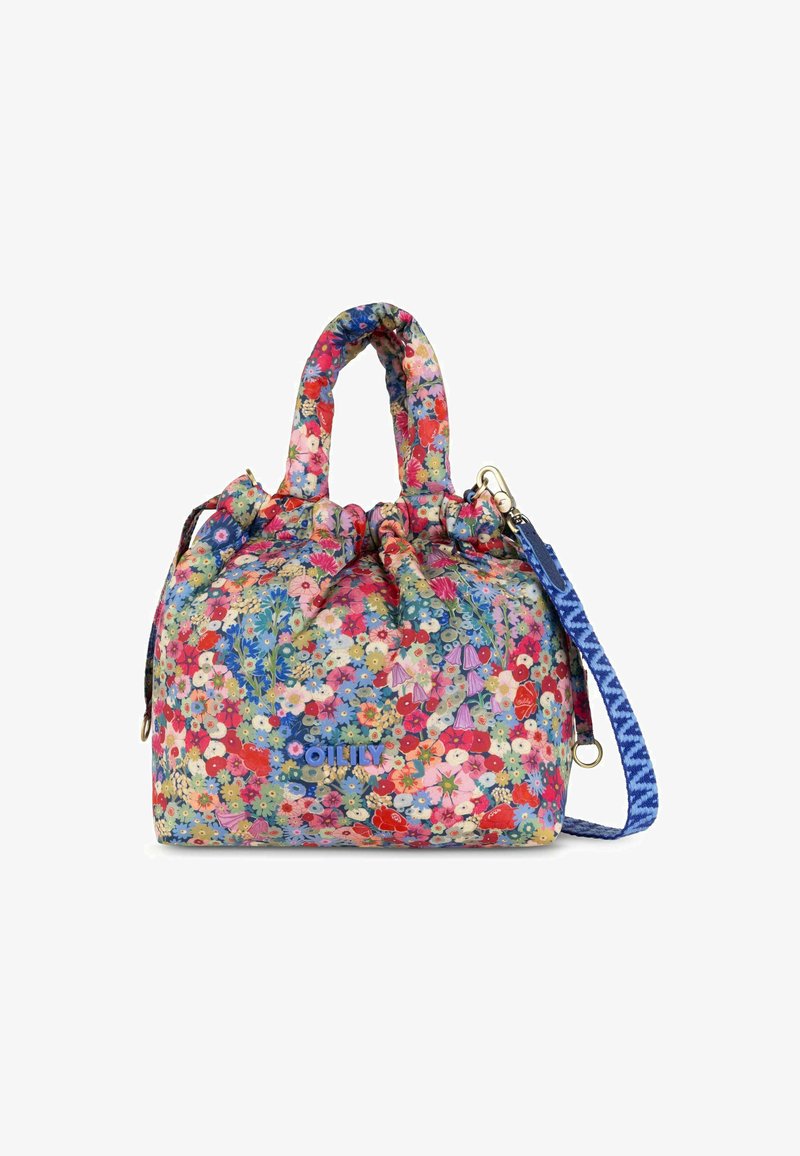 Kleurrijke handtas met bloemenpatroon, met gevoerde handvatten, een blauwe afneembare schouderband met patroon en het "OILILY" logo aan de voorkant.